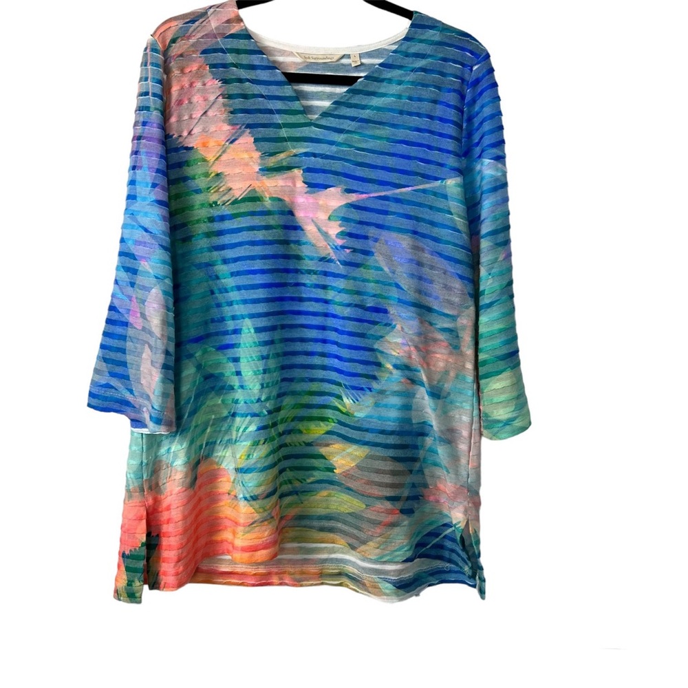 Soft Surrounding Tropical Stripped 3/4 Length Sleeve Tunic Top Women’s Size L